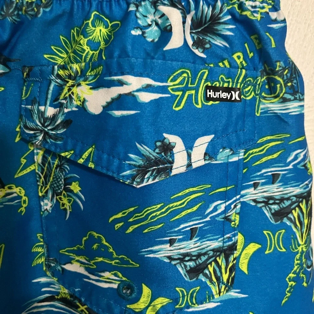 HURLEY Classic Doodle Isle Drawstring Board Shorts Swim Trunks Blue Green Boys L